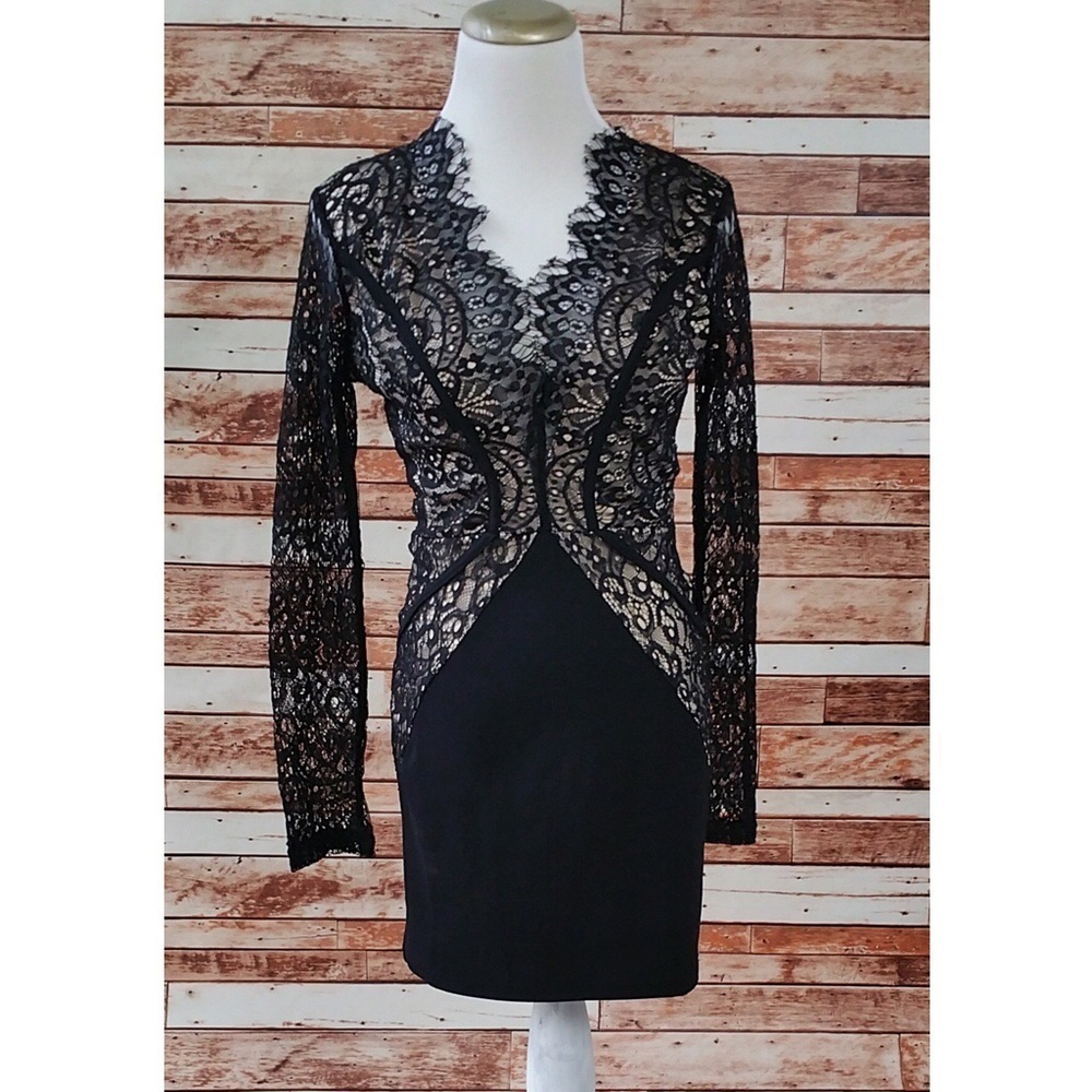 Black Long Sleeve Lace Plunge Neck Dress - Picture 2 of 3